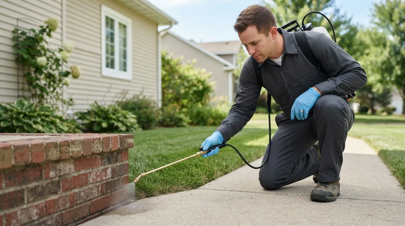 Pest control technician treating a home near Odon, IN